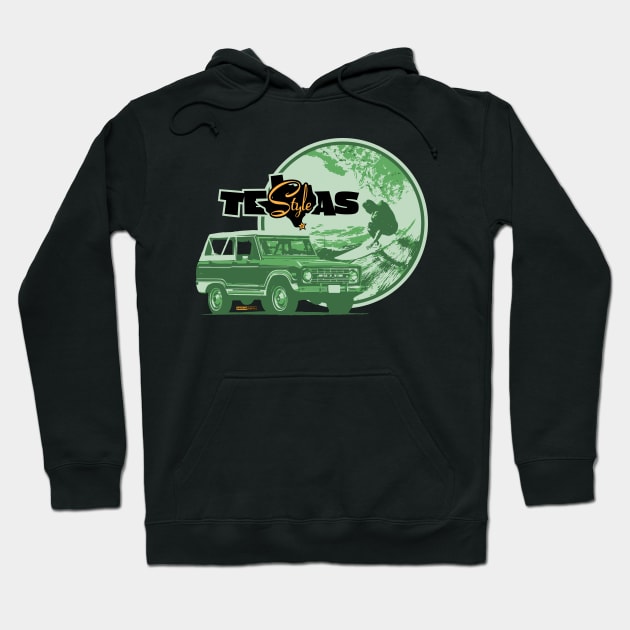 Texas-Style Surfer with Ford Bronco in greens Hoodie by CamcoGraphics